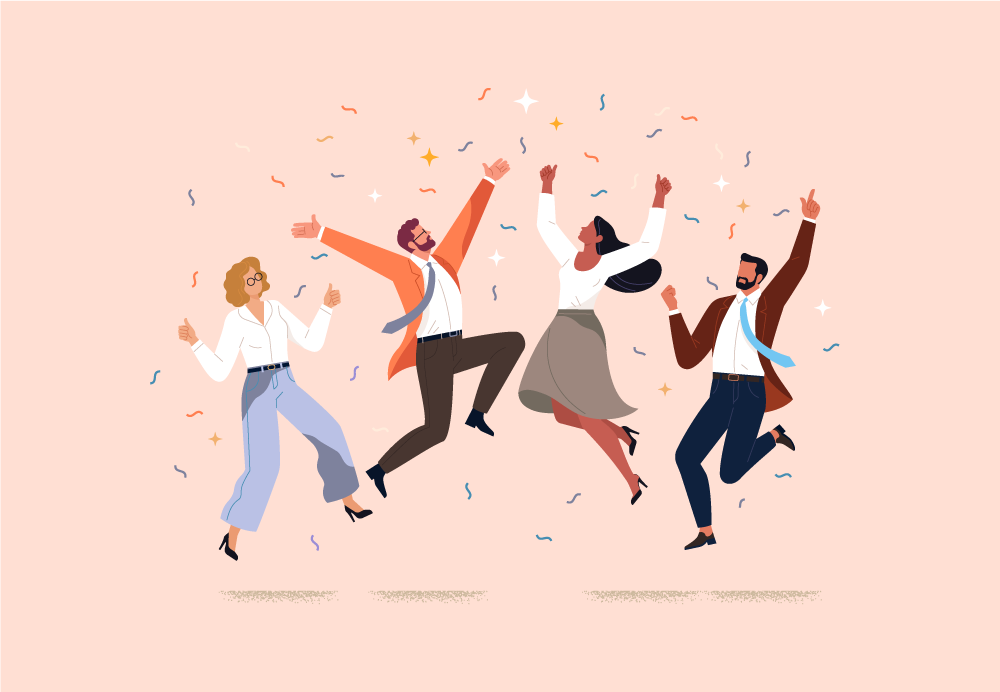 Ilustracion de varias personas celebrando tras una actividad original de teambuilding