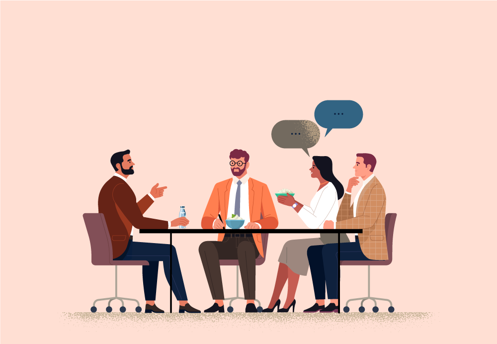 Ilustracion de varias personas comiendo y hablando en una mesa