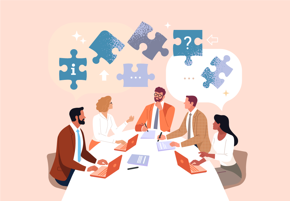 Ilustracion de varias personas resolviendo un puzzle en una mesa como actividad original