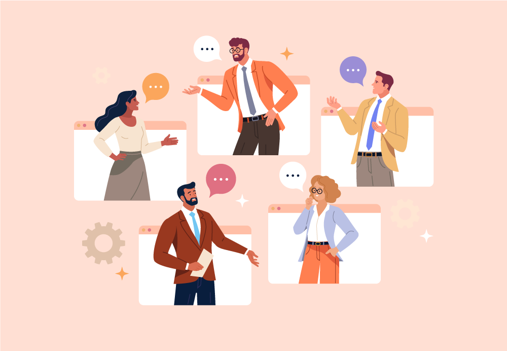 Ilustracion de varias personas realizando actividades en remoto de teambuilding