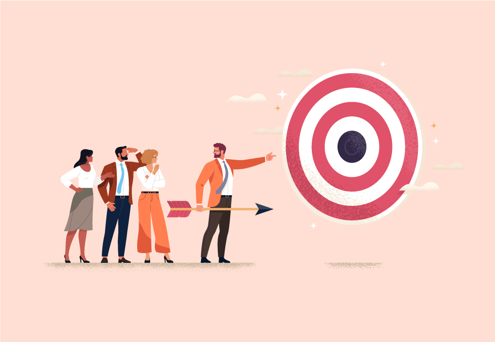 Ilustracion de varias personas tirando con arco como actividad de empresa